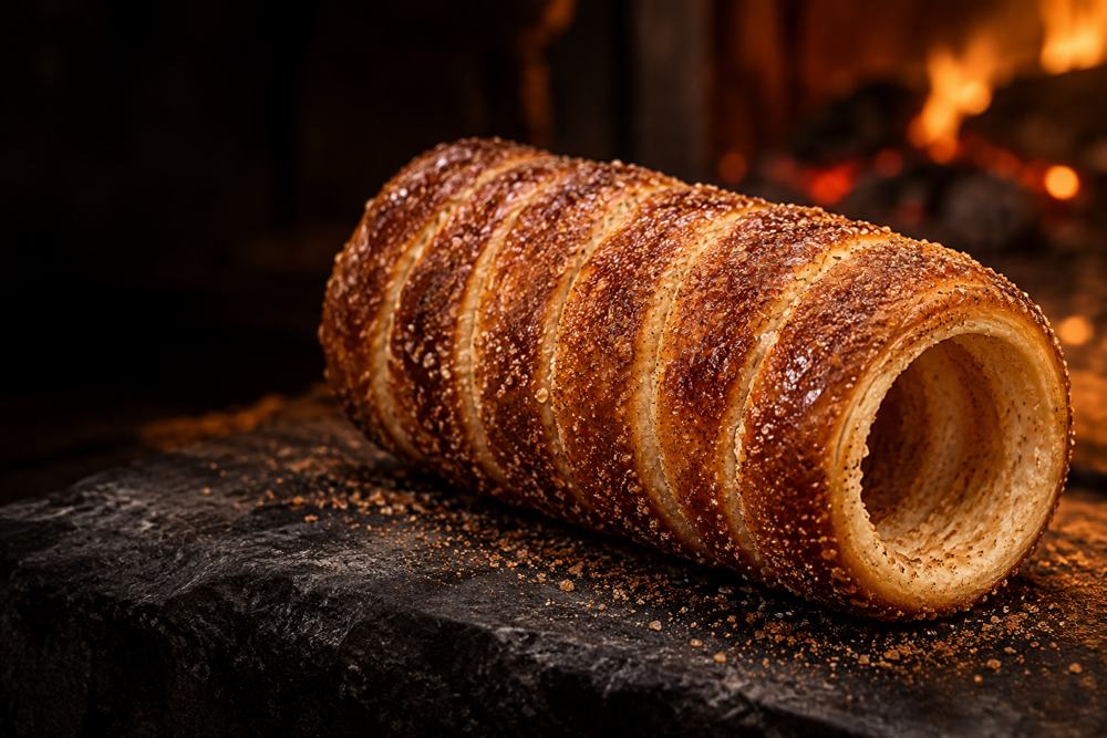 Kor ateşi ışığında altın rengi, tarçınlı chimney cake
